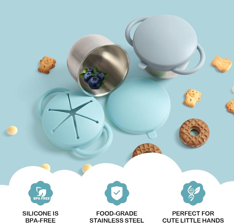 Daximo 2 Pack Snack Cups for Toddlers Spill Proof - Detachable Stainless Steel Toddler Snack Cups with Silicone Lids & Handles - Dishwasher Safe Baby Snack Containers (Light blue and Light grey) - Image 4